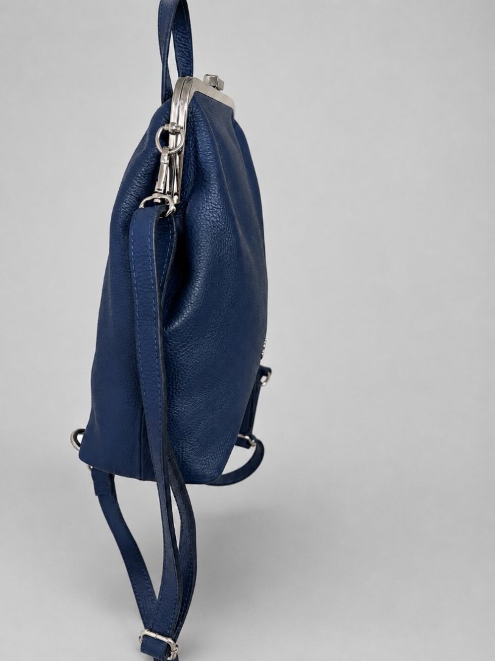 Pierre Cardin Blue Leather Backpack, Shoulder Bag, Silver Hardware - Picture 2 of 11